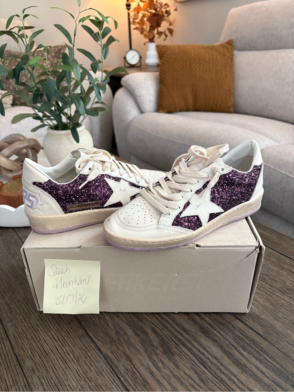 Golden Goose Women's Low-Top Sneakers in Purple Glitter and Cream Leather